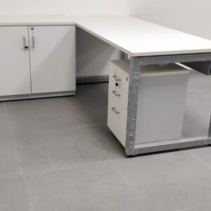 LuxeWork™ L-Shaped Office Table – White Finish with Cabinet & Drawers for Ultimate Organization