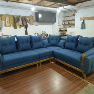 Blue Classic L-Shaped Sofa with Wooden Accents - Elegant 6-Seater for Modern Living