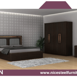 Aden style bedroom furniture set with bed, bedside table, wardrobe, dresser, and writing table in matching wood finish.