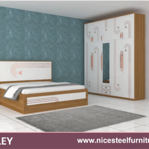 Valley style complete bedroom furniture set in white and wooden color finish with bed, wardrobe, bedside tables, and dresser