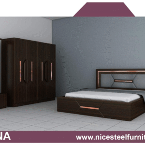Alena style complete bedroom furniture set with bed, side tables, wardrobe, dresser, and writing desk in matching finish
