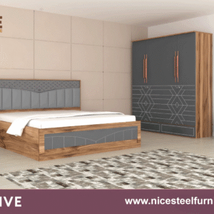 Prolive style bedroom furniture set in wooden and grey finish featuring bed, wardrobe, bedside tables, and dresser with a modern design.