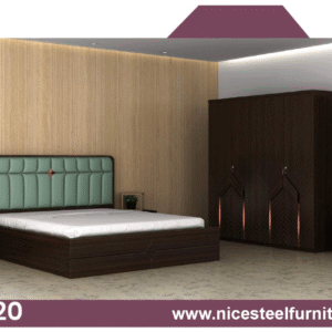 IPL-20 style complete bedroom furniture set including bed, wardrobe, bedside tables, dresser, and study desk with a modern coordinated finish.