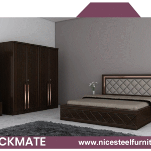 Checkmate style bedroom furniture set with bed, wardrobe, bedside tables, and dresser, all in a modern check-patterned or two-tone finish.