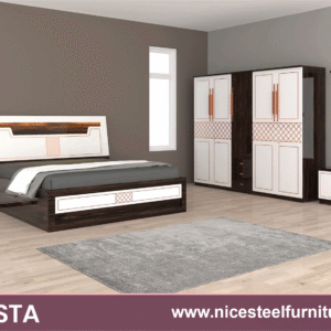 Chesta style bedroom furniture set in white and brown finish featuring bed, wardrobe, bedside tables, and dresser for a modern coordinated look.