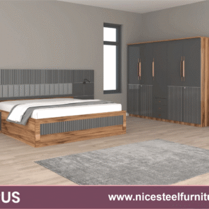 Porous style wooden bedroom furniture set including bed, wardrobe, side tables, and dresser in a natural wood grain finish