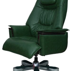 Green ergonomic executive office chair with leather finish, recliner function, and swivel base
