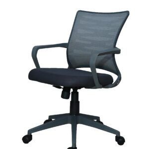 Ergonomic grey office chair with mesh back, adjustable height, armrests, and wheels