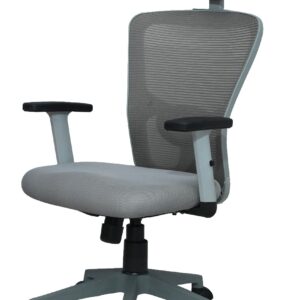 Grey high back office chair with breathable mesh fabric and adjustable headrest for ergonomic support